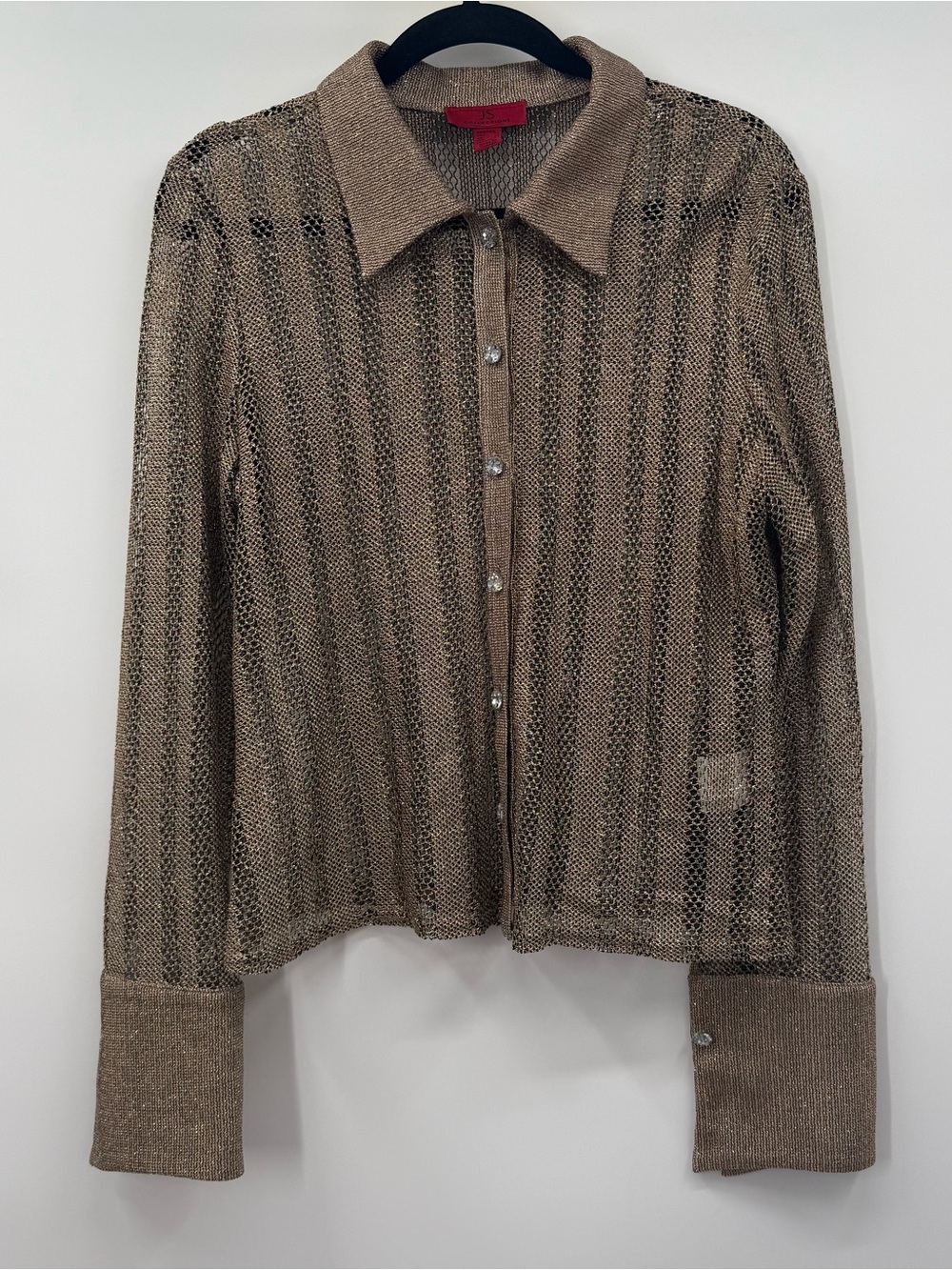 JS Collections Metallic Bronze Open-Knit Button Cardigan